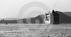 A cruise ship departing from the port of Santos