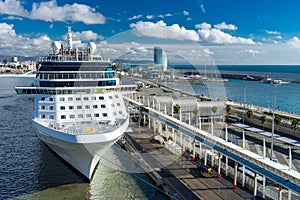Cruise Ship docked in Barcelona port close up