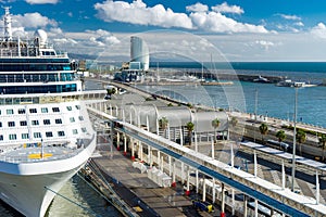 Cruise Ship docked in Barcelona port close up