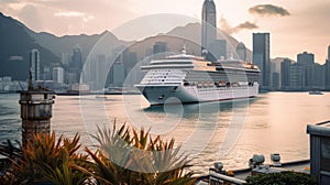 A Cruise Ship Docked At The Bustling Port Of Hong Kong The City Skyline Victoria Peak. Generative AI