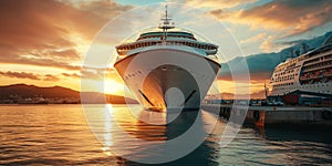 Cruise Ship Docked at Dock With Sunset Background