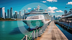 A Cruise Ship Docked At A Pier In The Bustling Port Of Miami Florida The City Skyline. Generative AI
