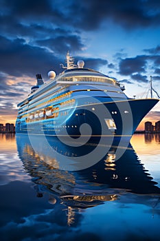 Cruise ship docked at the port at night