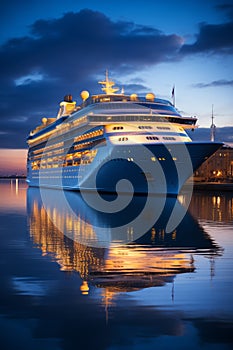 Cruise ship docked at the port at night