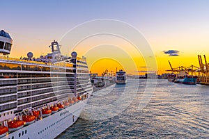 Cruise Ship docked in Port with other cruise and cargo ships