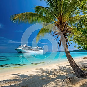 Cruise ship docked at tropical port on sunny day