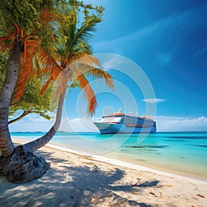 Cruise ship docked at tropical port on sunny day