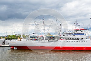 Cruise ship at the Elbe river, port of Hamburg, Germany