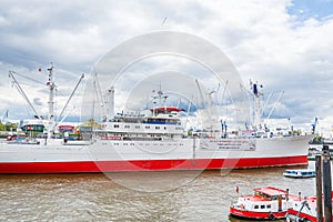 Cruise ship at the Elbe river, port of Hamburg, Germany