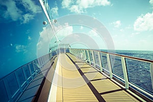 Cruise ship empty open deck with copy space, blue tone