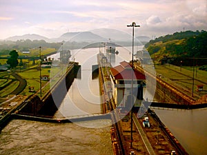 Cruise Ship Entering Panama Canal at Sunrise