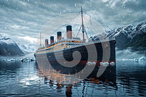 Cruise ship in the fjord at night