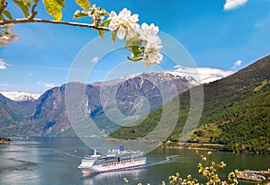 Cruise ship in fjord during spring time, Flam, Norway