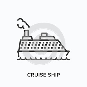 Cruise ship flat line icon. Vector outline illustration of passenger liner, sea tanker. Transatlantic journey thin