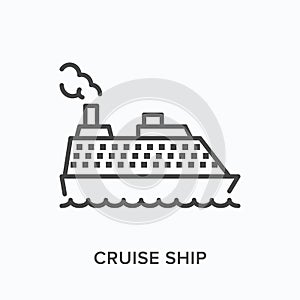 Cruise ship flat line icon. Vector outline illustration of passenger liner, sea tanker. Transatlantic journey thin photo