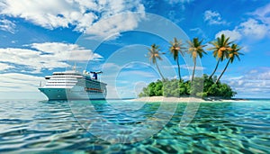 A cruise ship floats by a small island with palm trees in azure waters