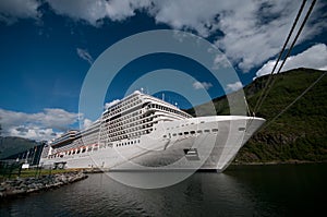 Cruise ship at FlÃ¥m train station & harbour, Sognefjord/ Sognefjorden, Norway