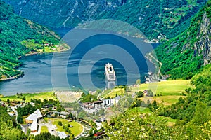 Cruise ship in Geirangerfjord in Norway photo