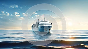 A cruise ship glides through the endless expanse of the ocean, surrounded by calm and serene waters, An empty cruise ship sailing