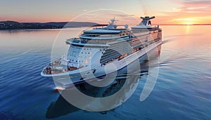 A cruise ship gliding over liquid under the colorful sky at sunset