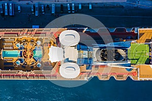 Cruise ship at harbor. Aerial view of beautiful large white ship Top view of yacht. Luxury cruise. Floating liner in Europe.