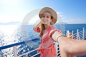 Cruise ship holiday travel vacation. Smiling tourist girl taking selfie on summer holidays destination on cruise liner