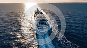Cruise ship journey amidst endless sea. Generative AI