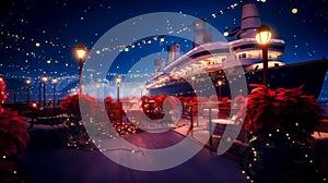 Cruise ship is lit up at night with christmas lights on the deck. Generative AI