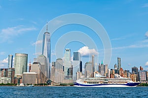 Cruise ship Marella Discovery Manhattan in New York. Skyline of New York Manhattan cruising on the Hudson River cruise