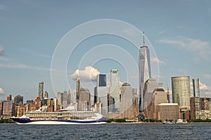 Cruise ship Marella Discovery Manhattan in New York. Skyline of New York Manhattan cruising on the Hudson River cruise