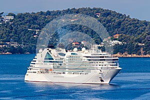Cruise ship in the Mediterranean Sea Aegean island of Skiathos, Greece