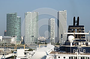 Cruise Ship And Miami Downtown