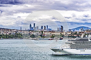 Cruise Ship Modern City Buildings Bosphorus Strait Istanbul Turkey