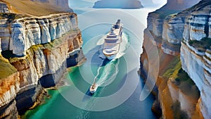 Cruise ship navigating through a breathtaking ocean canyon