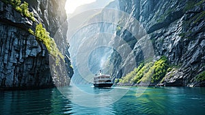 Cruise ship navigating through a narrow Norwegian fjord, towering rock walls.