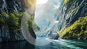 Cruise ship navigating through a narrow Norwegian fjord, towering rock walls.