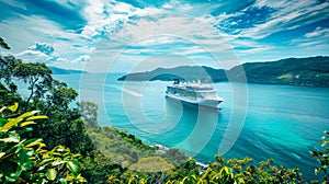 A cruise ship navigating through the ocean on a clear and sunny day in a tropical bay