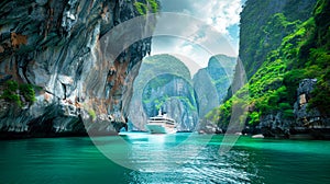 A cruise ship navigating through a tropical bay with clear blue water and lush greenery surrounding