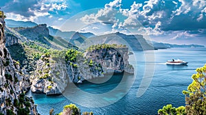 A cruise ship navigating through a tropical bay with clear blue water and lush greenery surrounding