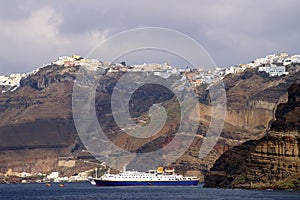 Cruise ship near Santorini island