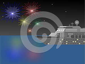 Cruise Ship at Night with Fireworks