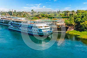 Cruise ship on the Nile river. Cairo. Giza. Egypt. Travel background. Vacation holidays background wallpaper