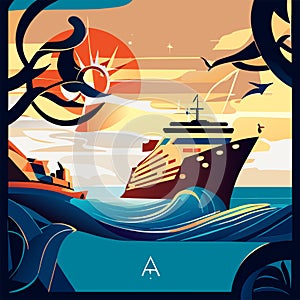 Cruise ship on the ocean at sunset. Vector illustration in flat style generative AI