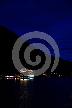 Cruise ship off Juneau, Alaska at night