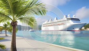 Cruise ship and palm tree on the beach in the tropics