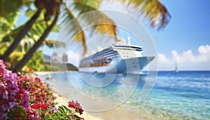 Cruise ship and palm tree on the beach in the tropics