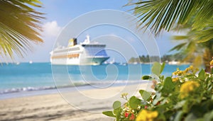 Cruise ship and palm tree on the beach in the tropics