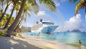Cruise ship and palm tree on the beach in the tropics
