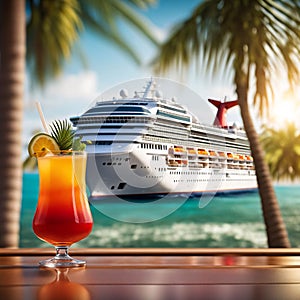 Cruise ship with palm trees and cocktails, vacation travel concept