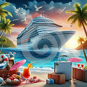 Cruise ship with palm trees and cocktails, vacation travel concept